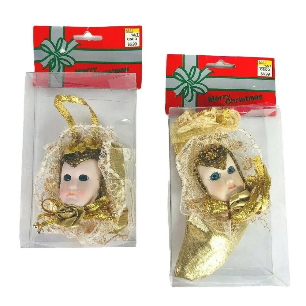 2‎ New Victorian Porcelain Doll Face Christmas Tree Ornaments Beads Lace In Box